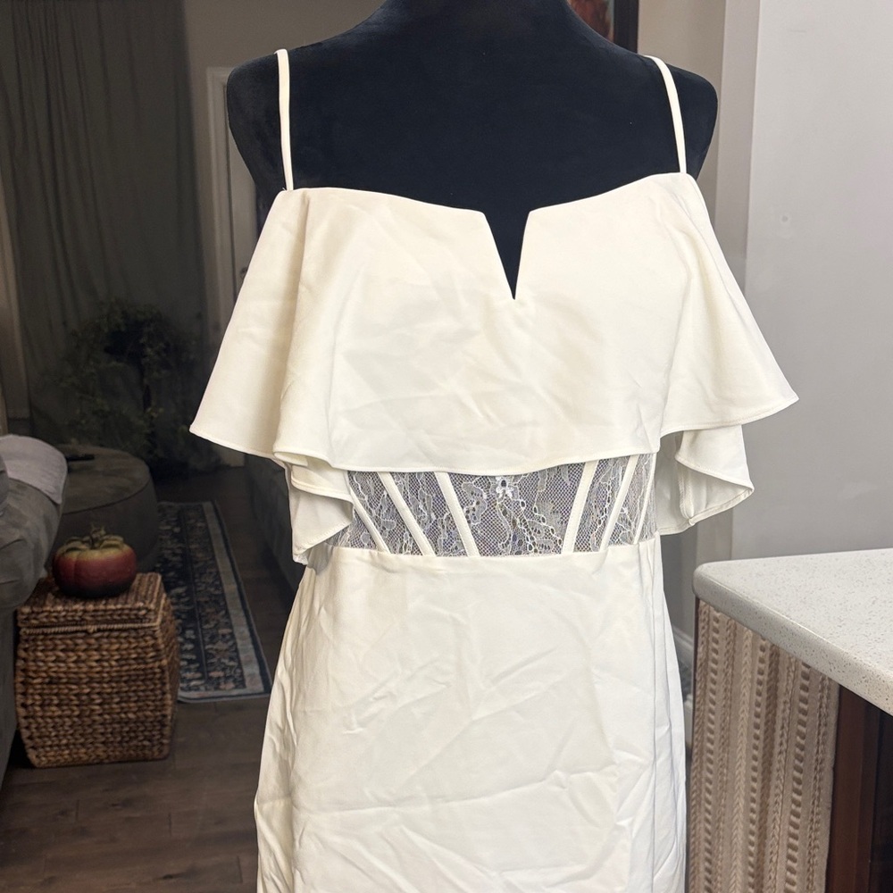 Aidan Mattox White Midi Dress with Lace Panel